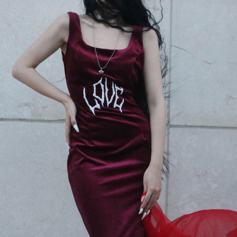 LOVE Hand Embroidered Blood Red Velvet dress
